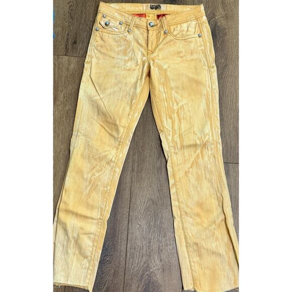 Crystal Rock Christian Audigier Skinny Leg Yellow Raw Hem Streetwear Jeans Sz 30 - Picture 3 of 3